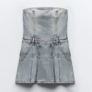 Zara Pleated Strapless TRF Denim Dress